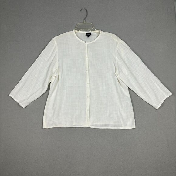 Eileen Fisher Womens Medium Linen Blend Button Up Blouse Top White 3/4 Sleeve - Picture 1 of 9